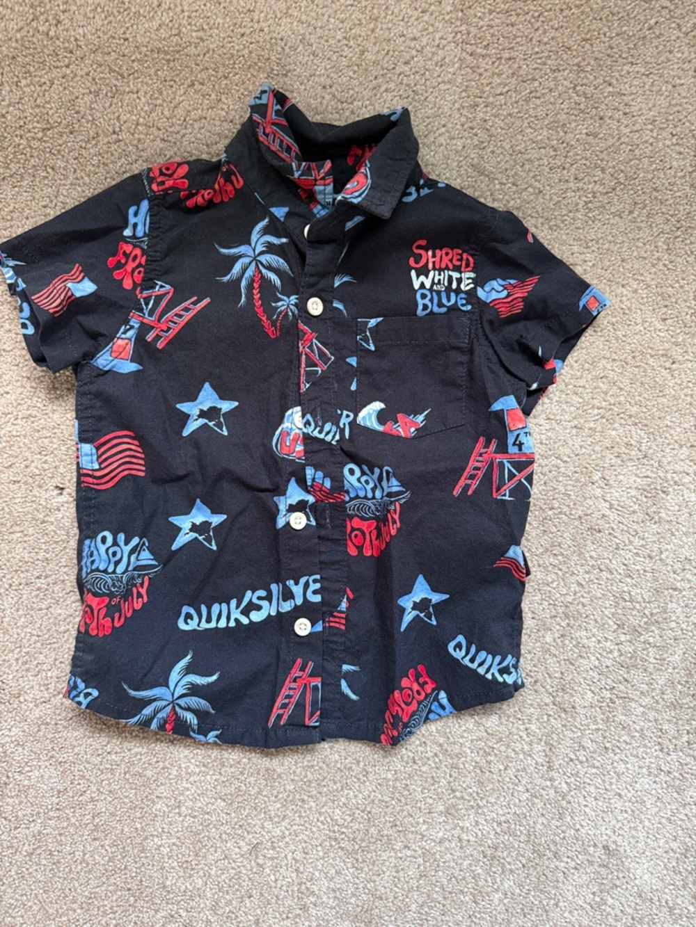 Quiksilver Black Short-Sleeve Button Shirt with Red & Blue Graphics